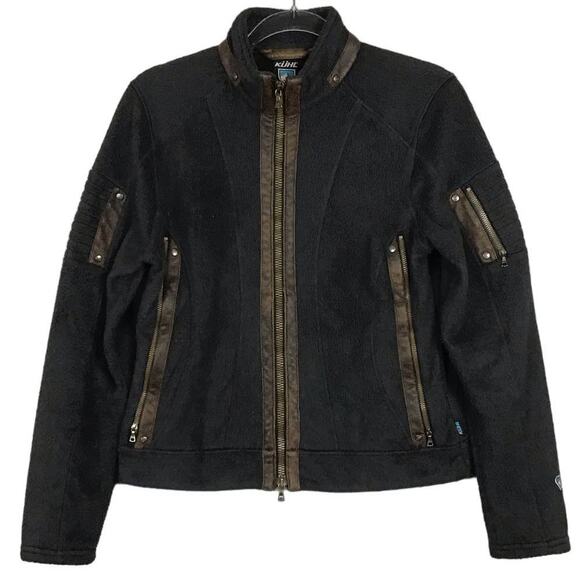 KUHL Moto-Vation Black Fleece Brown Leather Trim Full Zip Jacket Pockets sz M - Picture 6 of 14